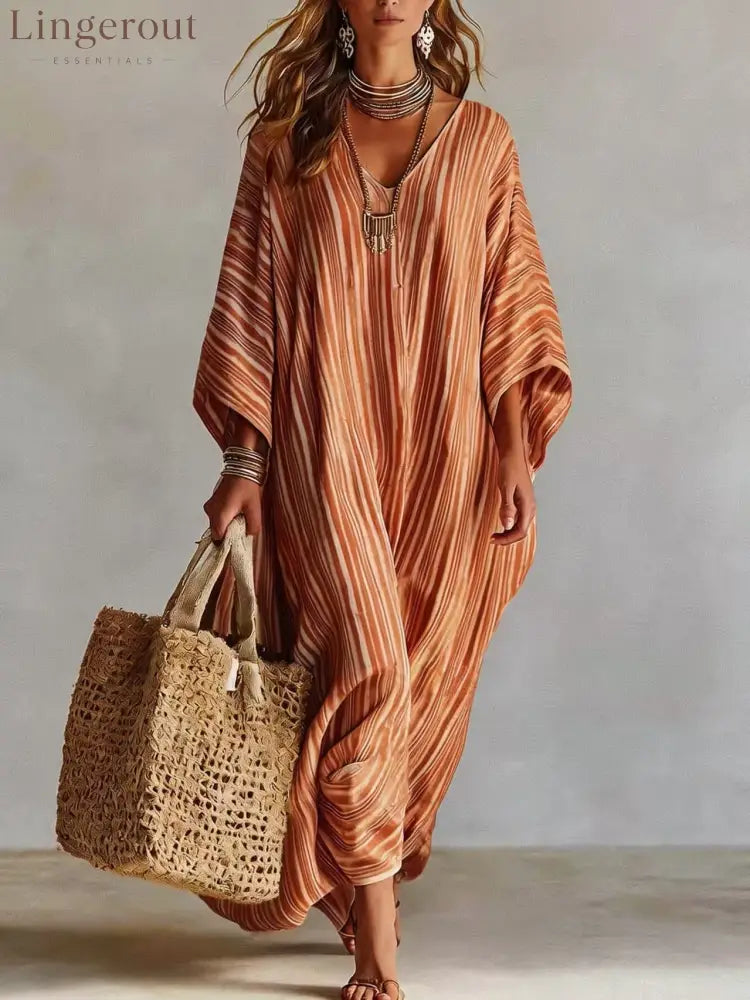 Women’s Light Striped Linen-Blend Kaftan Maxi Dress - Oversized V-Neck Beach Cover-Up - Coral / S