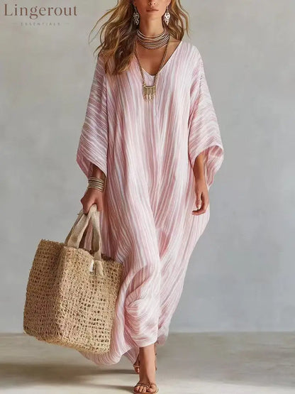 Women’s Light Striped Linen-Blend Kaftan Maxi Dress - Oversized V-Neck Beach Cover-Up - Pink / S