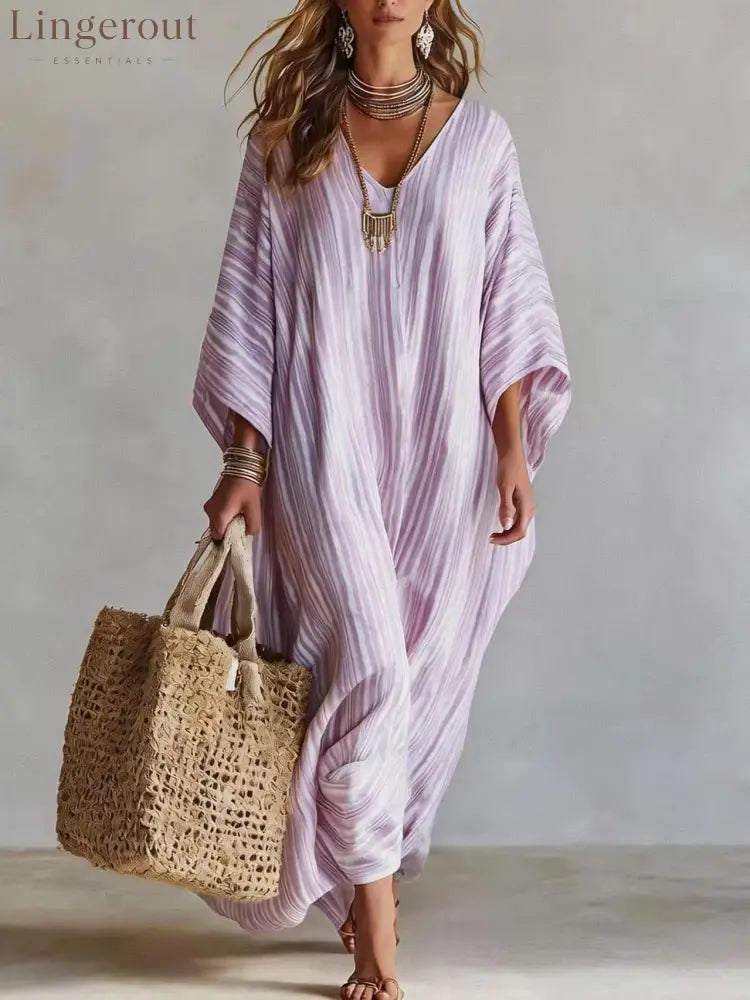 Women’s Light Striped Linen-Blend Kaftan Maxi Dress - Oversized V-Neck Beach Cover-Up - Light purple / S