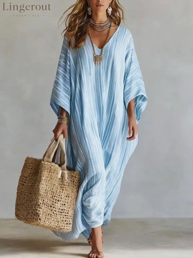 Women’s Light Striped Linen-Blend Kaftan Maxi Dress - Oversized V-Neck Beach Cover-Up - Sky blue / S