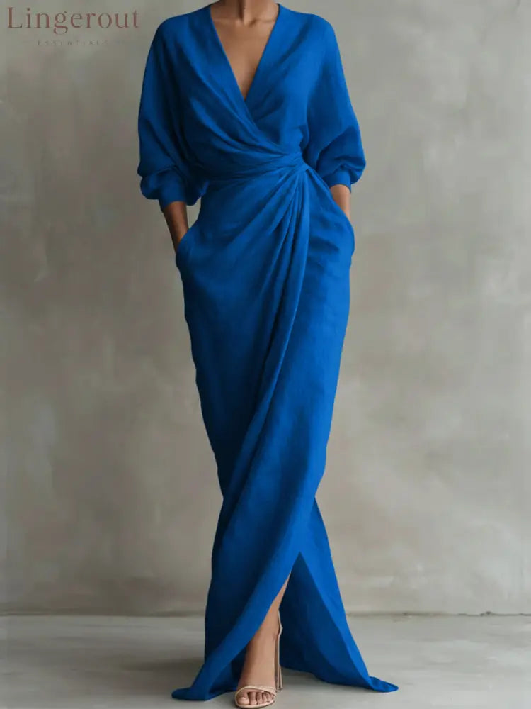 Women’s Linen And Cotton Extra-long Dress - Blue / S