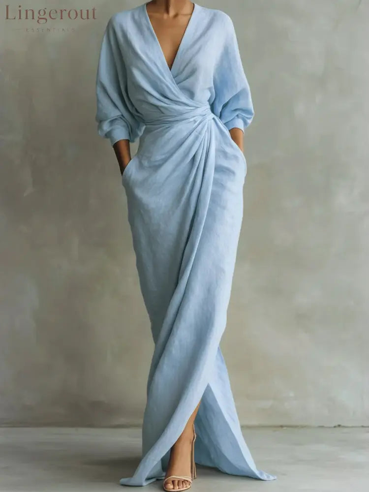 Women’s Linen And Cotton Extra-long Dress - LightBlue / S