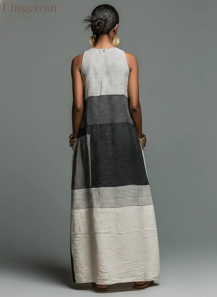 Women’s Linen-Blend Color Block Striped Sleeveless Maxi Dress With Pockets