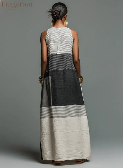 Women’s Linen-Blend Color Block Striped Sleeveless Maxi Dress With Pockets