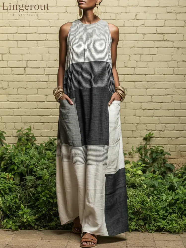 Women’s Linen-Blend Color Block Striped Sleeveless Maxi Dress With Pockets