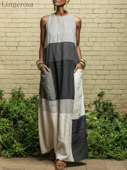 Women’s Linen-Blend Color Block Striped Sleeveless Maxi Dress With Pockets