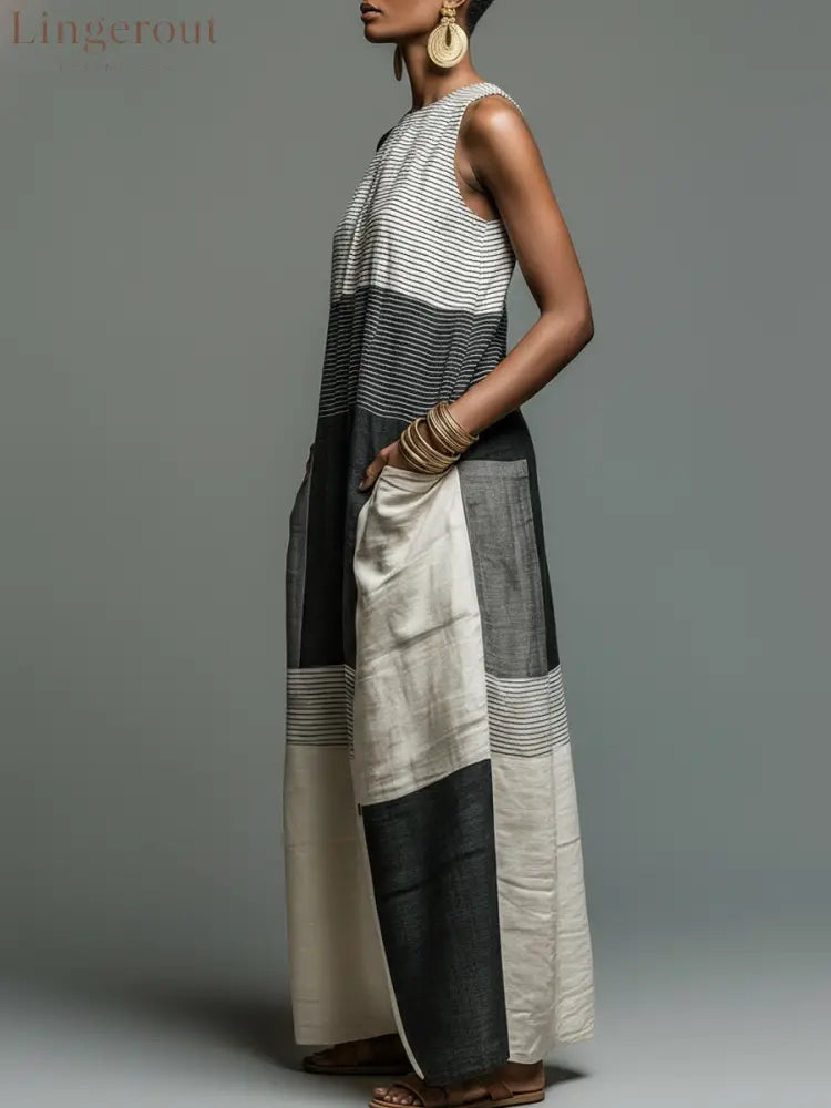 Women’s Linen-Blend Color Block Striped Sleeveless Maxi Dress With Pockets