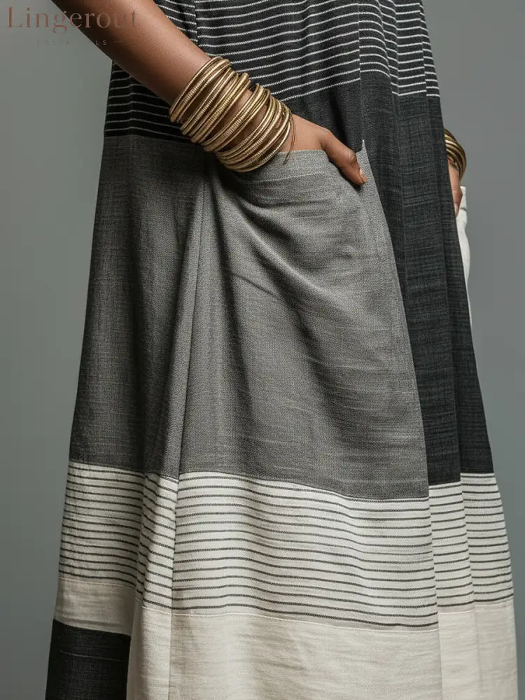 Women’s Linen-Blend Color Block Striped Sleeveless Maxi Dress With Pockets