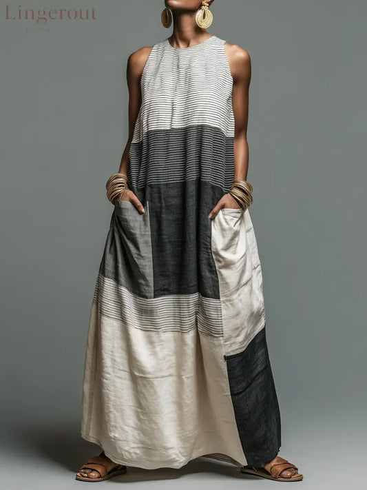 Women’s Linen-Blend Color Block Striped Sleeveless Maxi Dress With Pockets - Off-white / XS