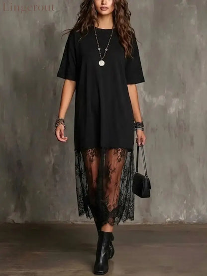 Women’s Loose-fit Lace Patchwork Dress - Black / S