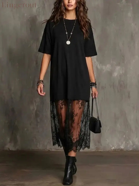 Women’s Loose-fit Lace Patchwork Dress - Black / S