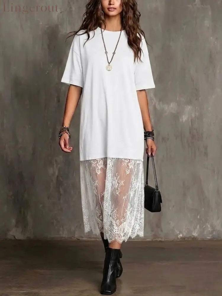 Women’s Loose-fit Lace Patchwork Dress - White / S