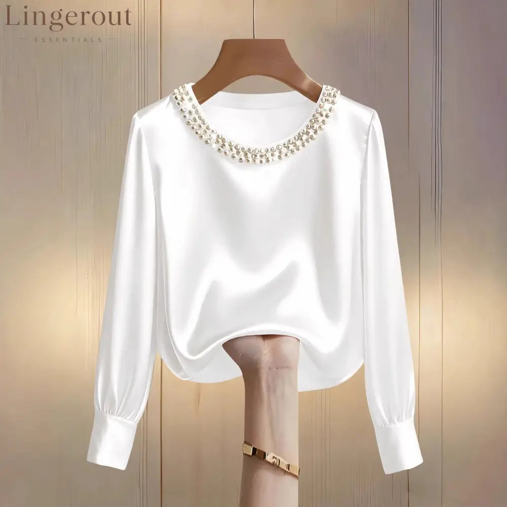 womens luxe satin pearl collar blouse fitting long