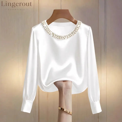 womens luxe satin pearl collar blouse fitting long