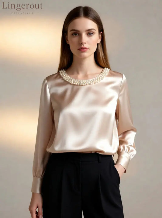 womens luxe satin pearl collar blouse fitting long - Apricot / S