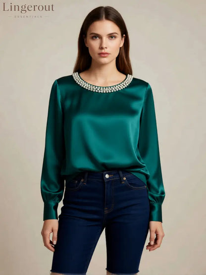 womens luxe satin pearl collar blouse fitting long - Green / S