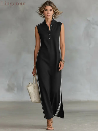 Women’s Minimalist Athletic-Style Sleeveless Henley Maxi Dress - Black / XS