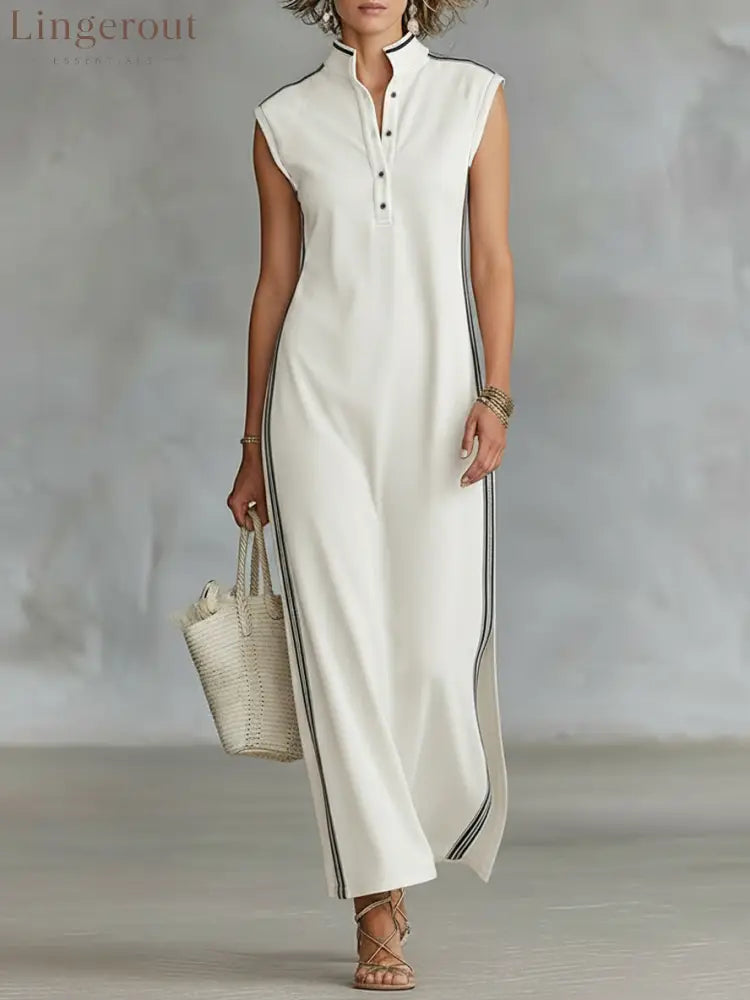 Women’s Minimalist Athletic-Style Sleeveless Henley Maxi Dress - White / XS