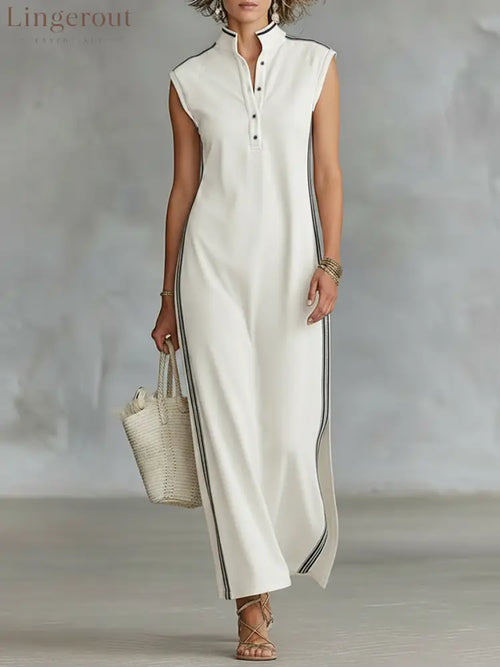 Women’s Minimalist Athletic-Style Sleeveless Henley Maxi Dress - White / XS