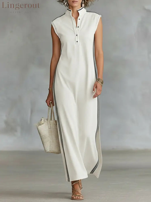 Women’s Minimalist Athletic-Style Sleeveless Henley Maxi Dress - White / XS
