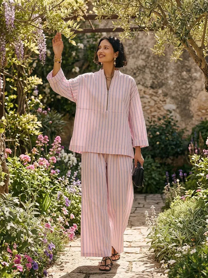 Women’s Minimalist Half-Zip Long-Sleeve Top & Wide-Leg Pants Set - Set