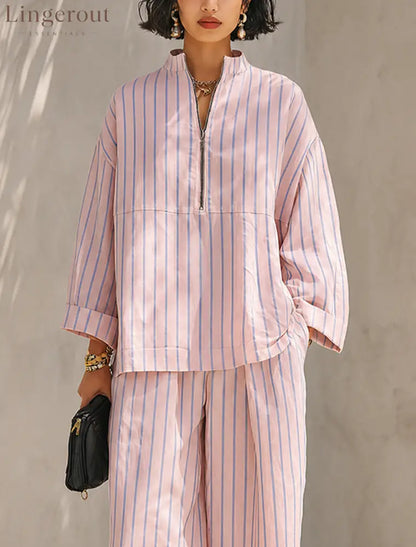 Women’s Minimalist Half-Zip Long-Sleeve Top & Wide-Leg Pants Set - Set
