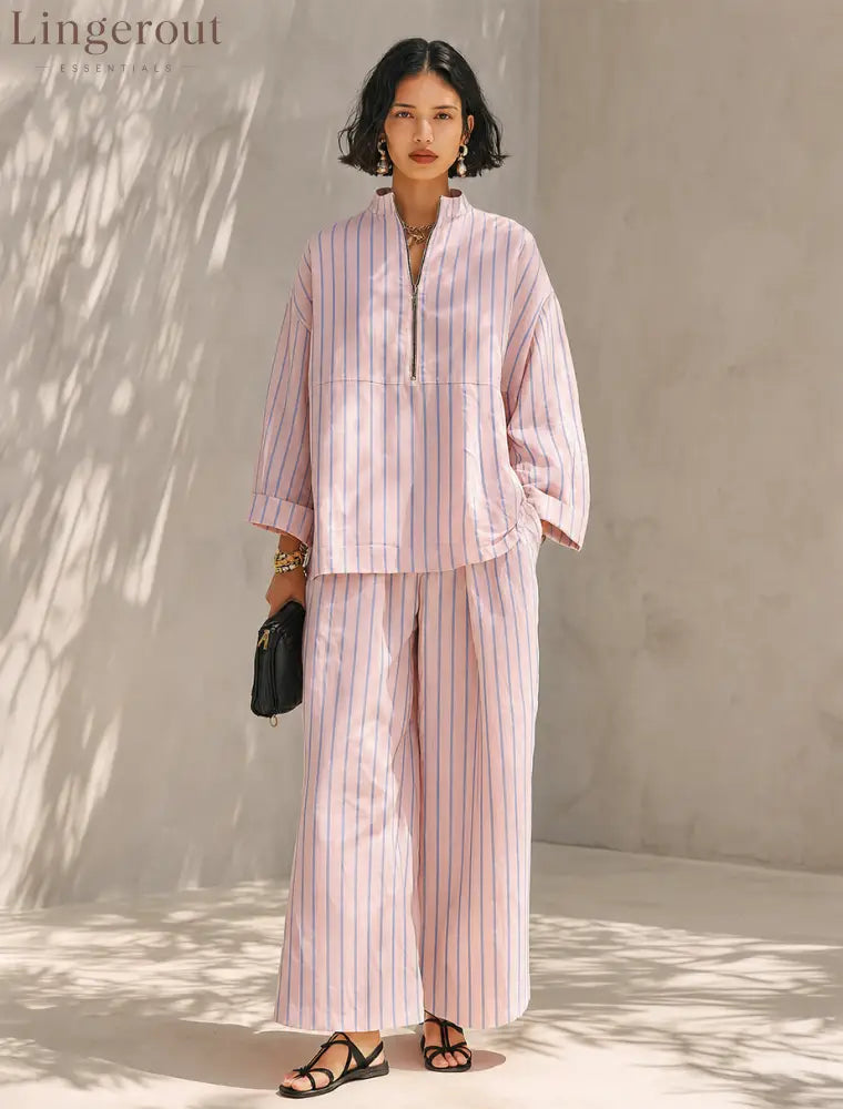 Women’s Minimalist Half-Zip Long-Sleeve Top & Wide-Leg Pants Set - Set