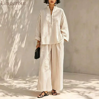 Women’s Minimalist Half-Zip Long-Sleeve Top & Wide-Leg Pants Set - Apricot / S - Set