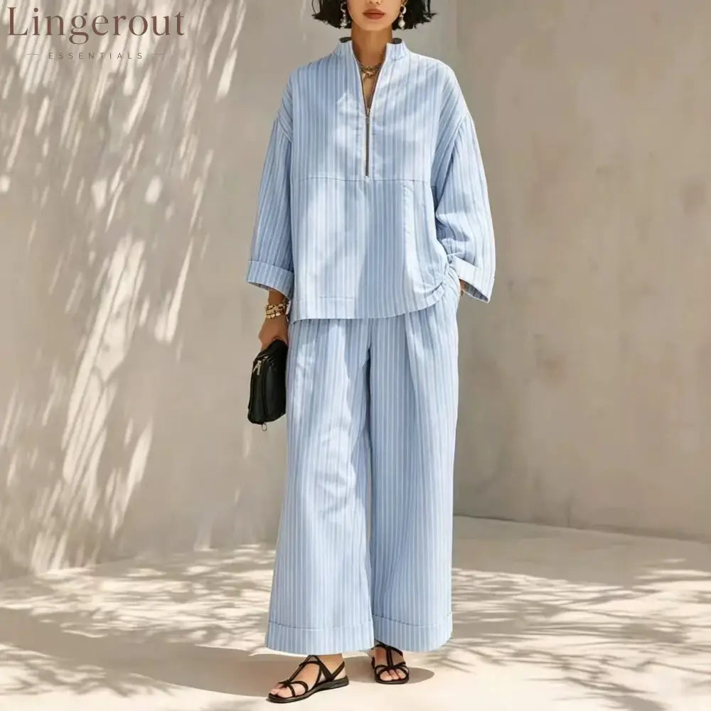 Women’s Minimalist Half-Zip Long-Sleeve Top & Wide-Leg Pants Set - Blue / S - Set