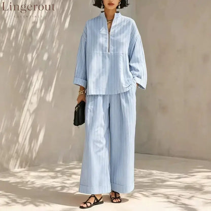 Women’s Minimalist Half-Zip Long-Sleeve Top & Wide-Leg Pants Set - Blue / S - Set