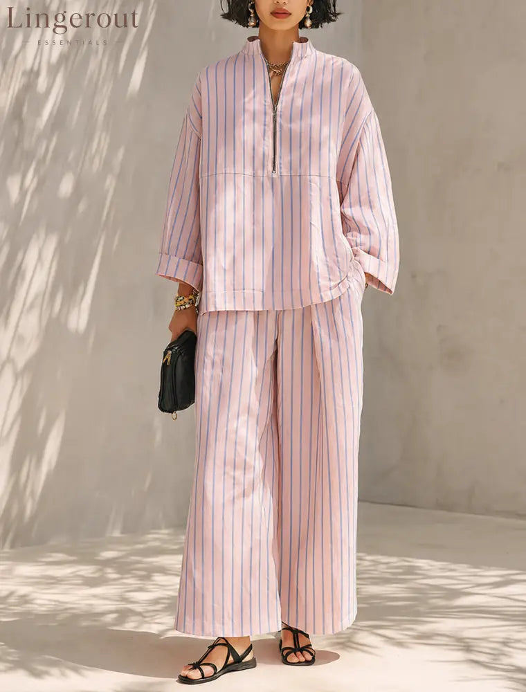 Women’s Minimalist Half-Zip Long-Sleeve Top & Wide-Leg Pants Set - Pink / S - Set
