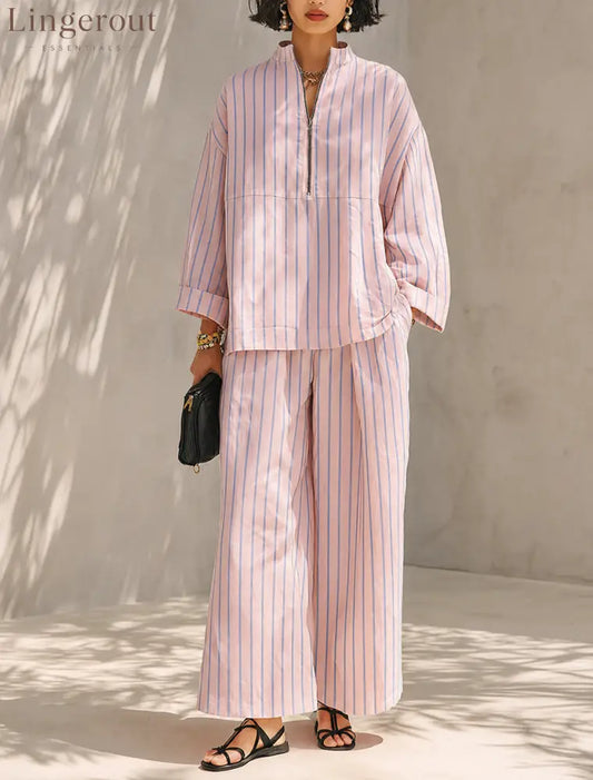 Women’s Minimalist Half-Zip Long-Sleeve Top & Wide-Leg Pants Set - Pink / S - Set