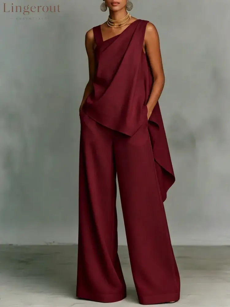 Women’s Minimalist High-end Style White Asymmetrical Cotton-linen Suit - Red / S