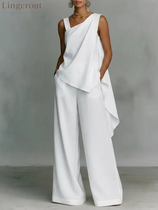 Women’s Minimalist High-end Style White Asymmetrical Cotton-linen Suit - White / S