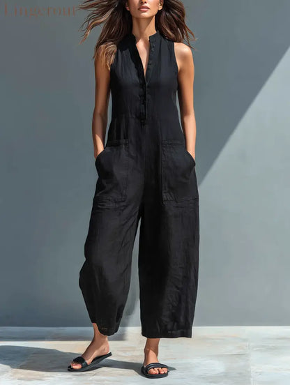 Women’s Minimalist Linen Blend Button-up Stand-collar Sleeveless Loose Jumpsuit - Black / S