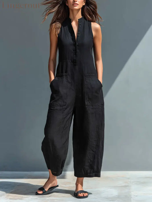 Women’s Minimalist Linen Blend Button-up Stand-collar Sleeveless Loose Jumpsuit - Black / S
