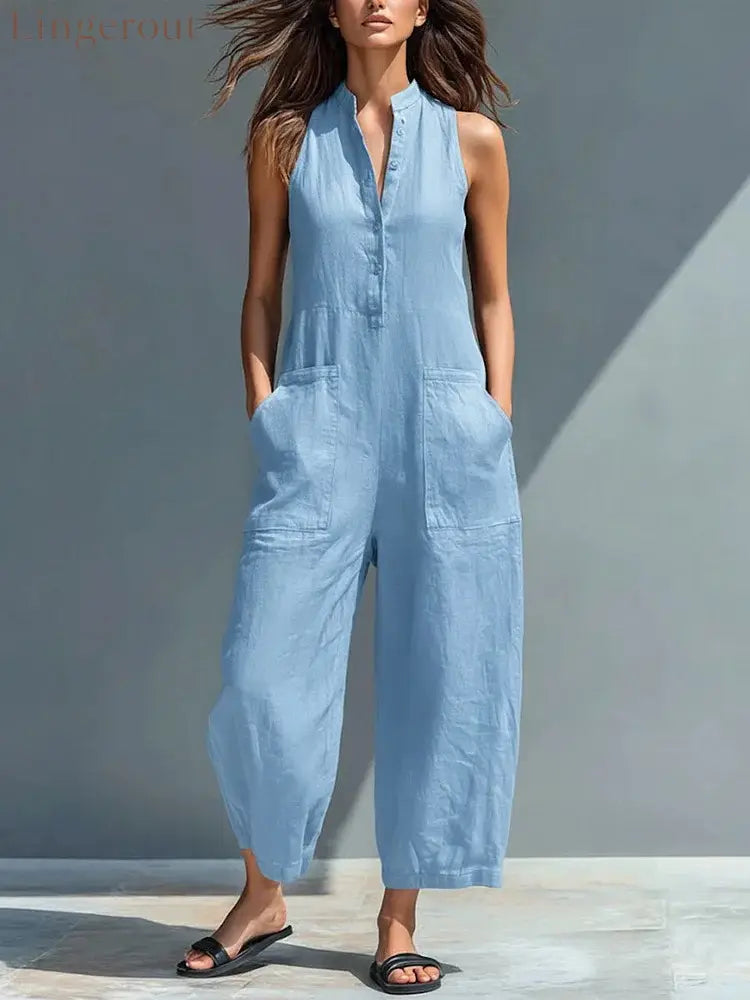 Women’s Minimalist Linen Blend Button-up Stand-collar Sleeveless Loose Jumpsuit - Blue / S