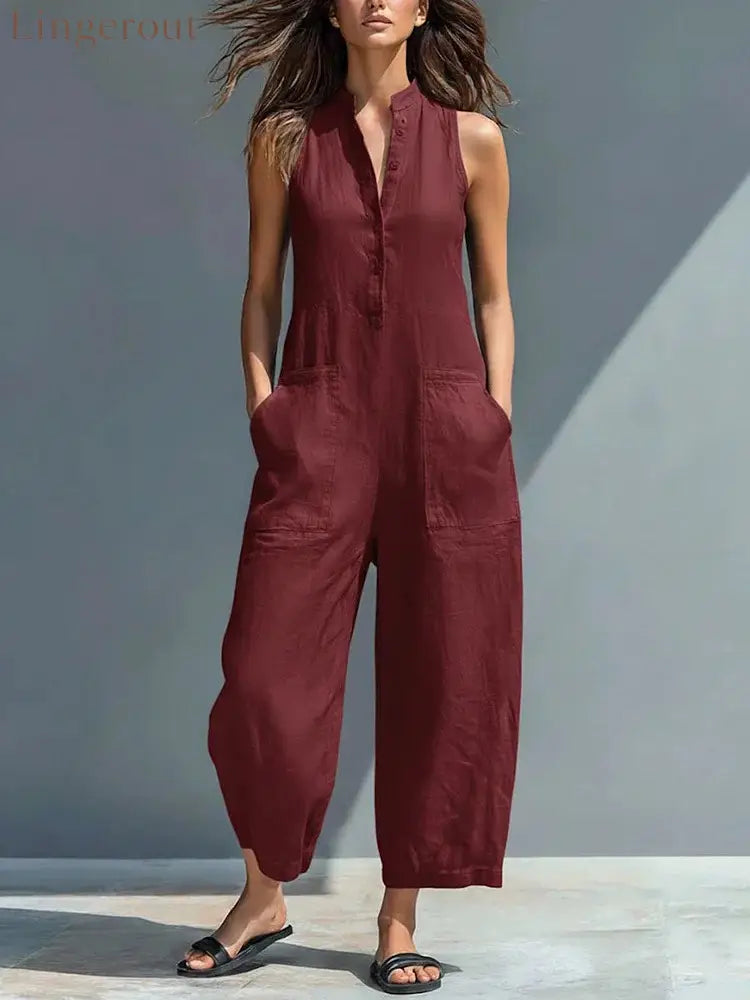 Women’s Minimalist Linen Blend Button-up Stand-collar Sleeveless Loose Jumpsuit - Burgundy / S