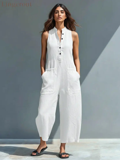 Women’s Minimalist Linen Blend Button-up Stand-collar Sleeveless Loose Jumpsuit - White / S