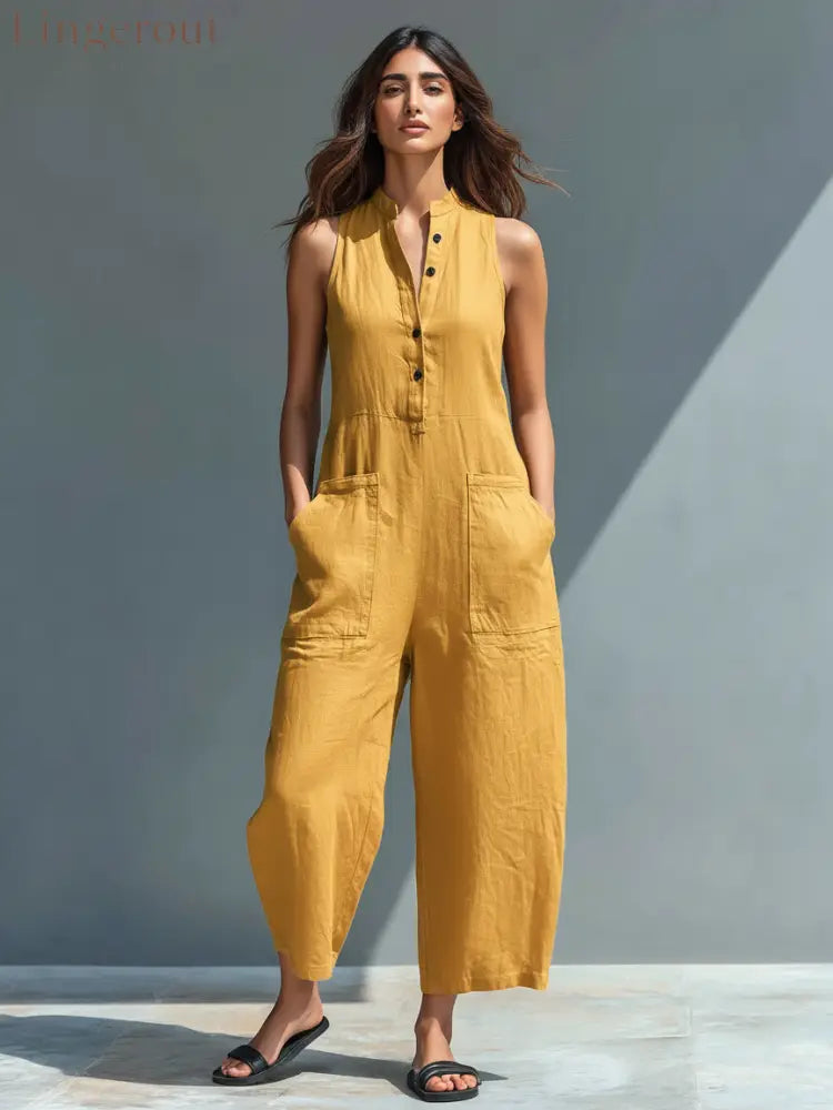 Women’s Minimalist Linen Blend Button-up Stand-collar Sleeveless Loose Jumpsuit - Yellow / S