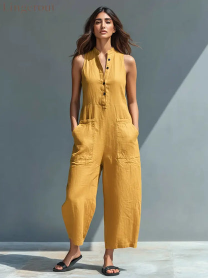 Women’s Minimalist Linen Blend Button-up Stand-collar Sleeveless Loose Jumpsuit - Yellow / S