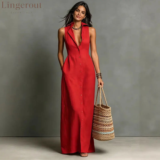 Women’s Minimalist Linen-Blend Collared Single-Breasted Sleeveless Maxi Shirt Dress