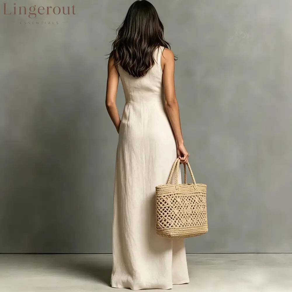 Women’s Minimalist Linen-Blend Collared Single-Breasted Sleeveless Maxi Shirt Dress