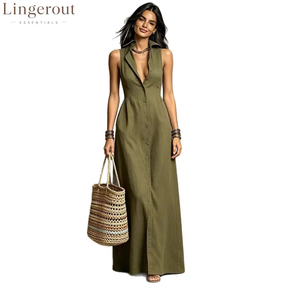 Women’s Minimalist Linen-Blend Collared Single-Breasted Sleeveless Maxi Shirt Dress
