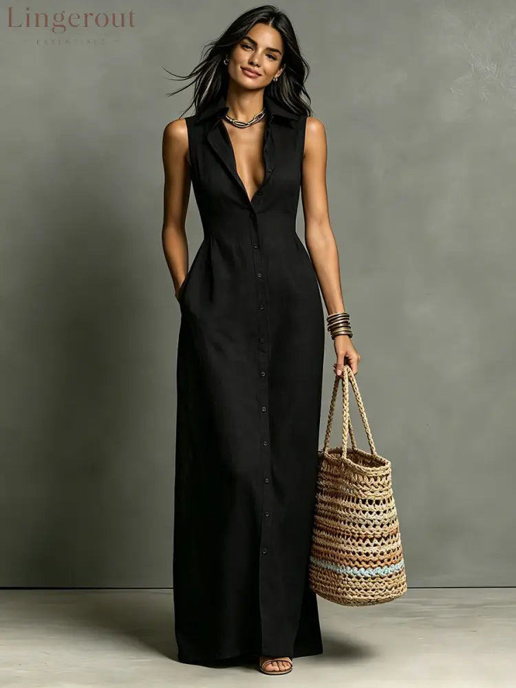 Women’s Minimalist Linen-Blend Collared Single-Breasted Sleeveless Maxi Shirt Dress - Black / XS