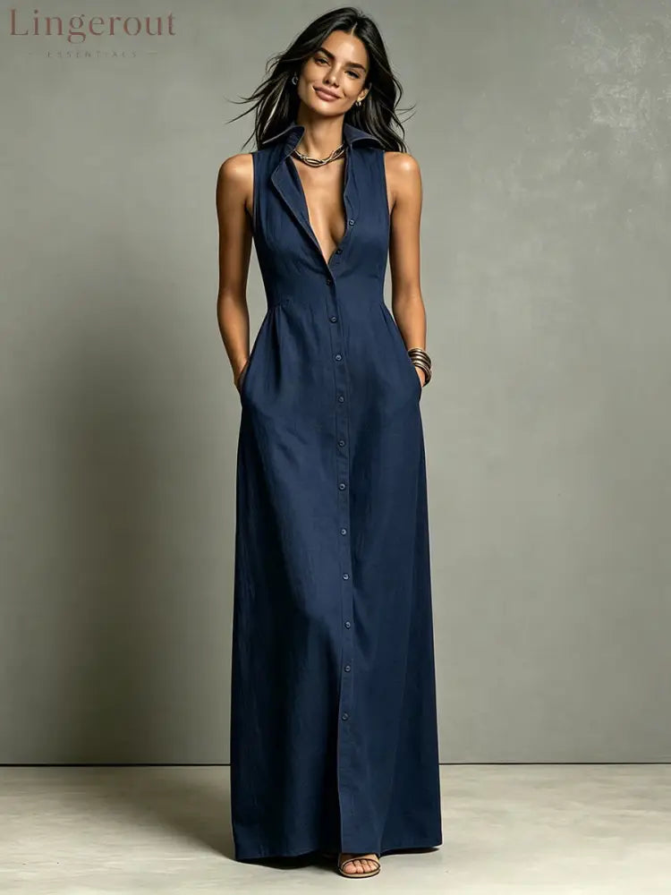 Women’s Minimalist Linen-Blend Collared Single-Breasted Sleeveless Maxi Shirt Dress - Navy blue / XS