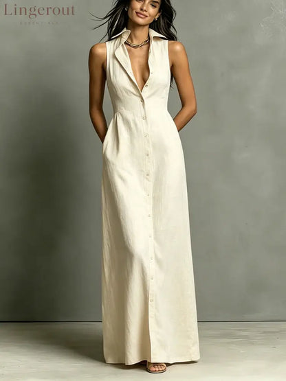 Women’s Minimalist Linen-Blend Collared Single-Breasted Sleeveless Maxi Shirt Dress - Off white / XS