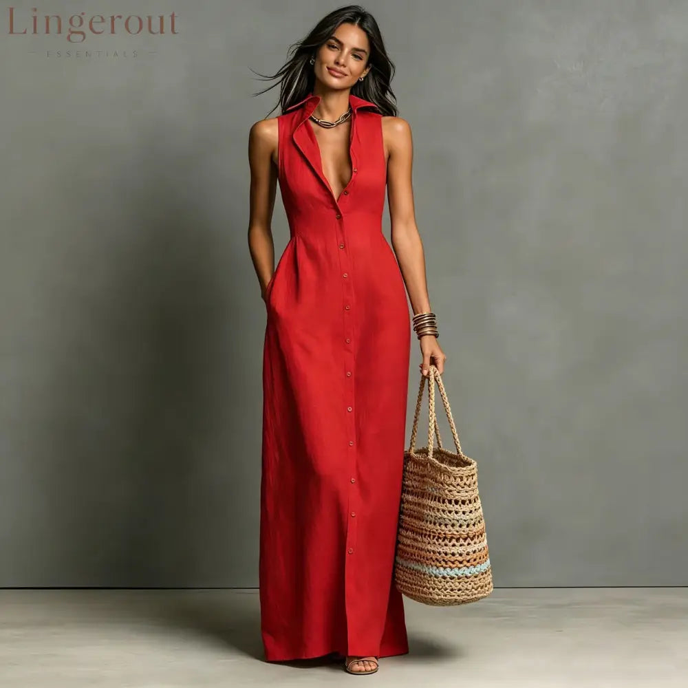 Women’s Minimalist Linen-Blend Collared Single-Breasted Sleeveless Maxi Shirt Dress - Red / XS