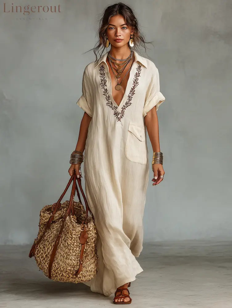 Women’s Minimalist Linen Blend Embroidered Short-sleeved Shirt Maxi Dress