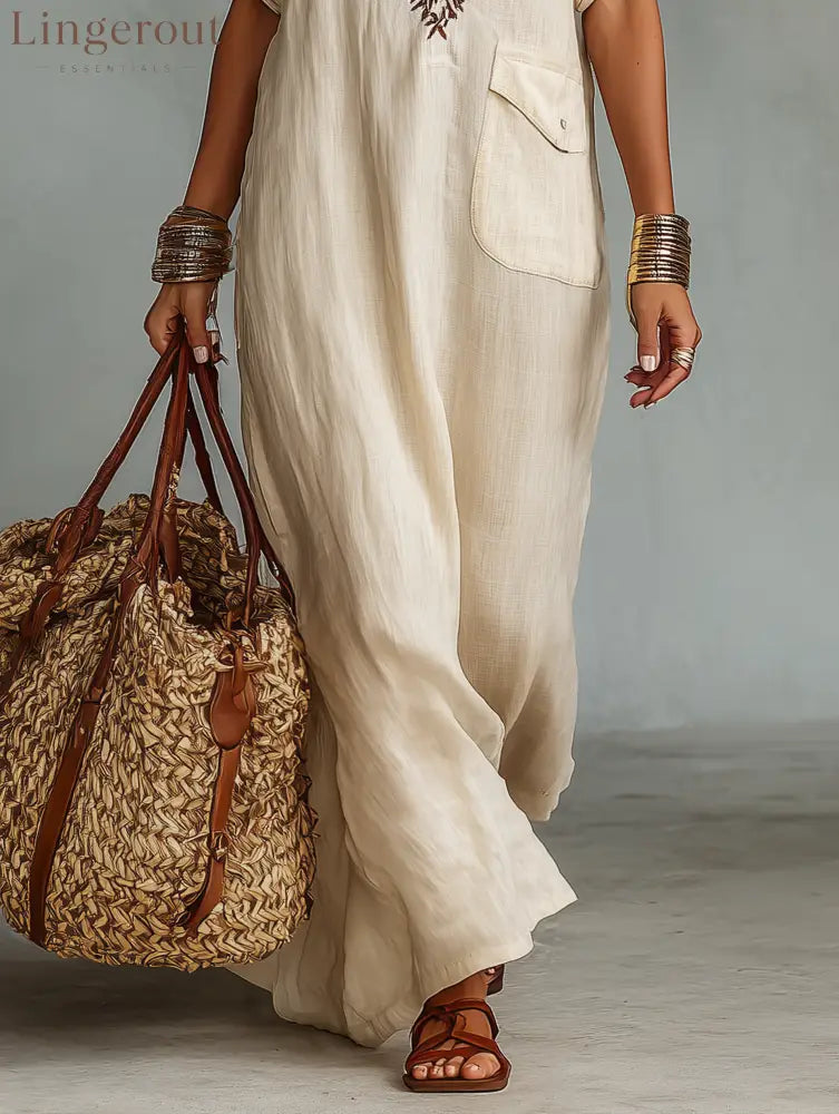 Women’s Minimalist Linen Blend Embroidered Short-sleeved Shirt Maxi Dress